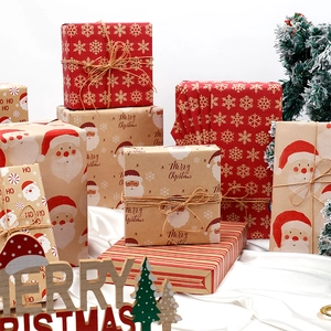 Papier Cadeau De Noël Papier Kraft Père Noël Flocon De Neige Rayures Emballage Cadeau Fête De Vacances Grand Rouge