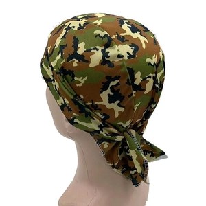 Detail of breathable camouflage pirate cycling headscarf with neat edge stitching