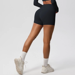 Rear view of high-waisted black yoga shorts showing the push-up lifting effect