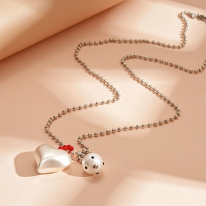 Metallic heart pendant necklace with silver bead chain and dotted charm in sweet style