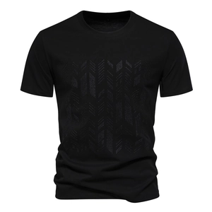 Detailed view of the geometric arrow textured pattern on black short sleeve crewneck T-shirt