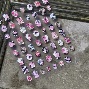 Autocollants nail art floraux style japonais en rose et bleu avec film fin ta 070