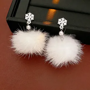 Snowflake Pom Pom Artificial Pearl Drop Earrings With Silver Earring Post Alloy White Winter Christmas Style Jewelry For Women
