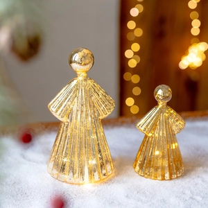 Luminous gold glass angel ornaments with LED lights for Christmas tabletop decor