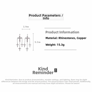 Detailed dimensions of rhinestone cross earrings in copper, size 2.9cm by 9.2cm