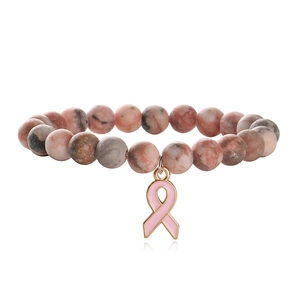 Pink agate cat eye beaded bracelet with heart pendant and pink ribbon for friendship