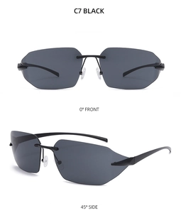 Detailed front and side views of black rimless sunglasses with UV protection C7 model