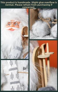 Détails de la barbe en peluche blanche et des skis en bois sur la figurine du Père Noël