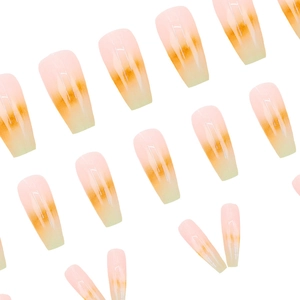 Faux ongles cercueil longs avec dégradé ambré en couleurs rose, jaune et verte
