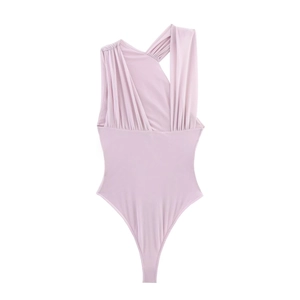 Detail of the asymmetrical pleated neckline on this light purple mesh women's bodysuit