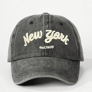Vintage washed dark grey cotton baseball cap featuring 3D New York embroidery