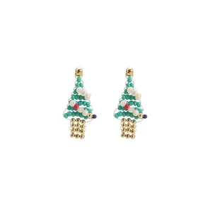 Handmade Christmas tree beaded earrings with green and colorful natural pearl accents
