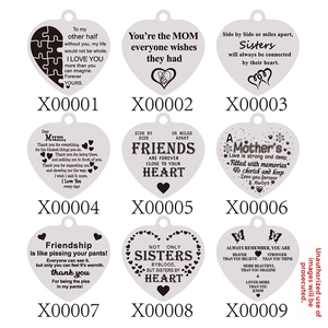Detailed grid of stainless steel heart pendants with various engraved emotional messages