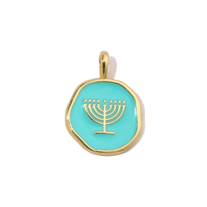 Detailed macro view of a gold-edged blue enamel pendant featuring a menorah symbol
