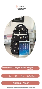 Size details of black nylon bear backpack with tablet comparison, 32x14x45cm dimensions