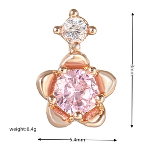 Detailed view of pink heart flower stud earring in rose gold with 8mm x 5.4mm dimensions
