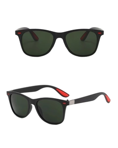 Detailed front and side views of classic black sunglasses with red temple tips