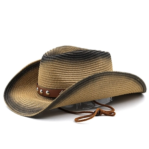 Close-up of ombre straw cowboy hat featuring leather band with silver metal studs