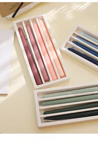 Detail of elegant taper scented candles in pastel shades within a white gift box