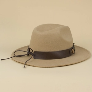 Detail of khaki wool fedora with dark brown leather band and vintage buckle decor