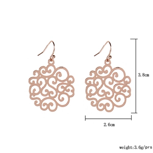 Detailed dimensions of rose gold hollow drop earrings showing 3.8cm height and 2.6cm width