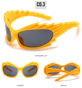 Three-way view of yellow flame sunglasses with dark grey lenses and 45-degree angle display