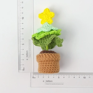 Detailed size measurement of handmade crochet Christmas tree plush ornament in pot