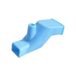 Sky blue silicone faucet extender for children showing flat spout and vertical connector