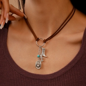 Western Cowboy Pendant Necklace Vintage Bohemian Alloy Suede Cord Layered Jewelry With Cowboy Hat Boot Cactus Charms Women