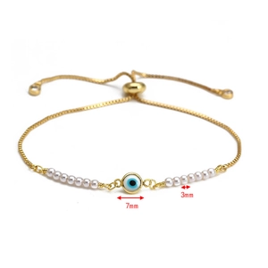 Dettagli del braccialetto di perle dorate con ciondolo occhio blu da 7mm e perline da 3mm