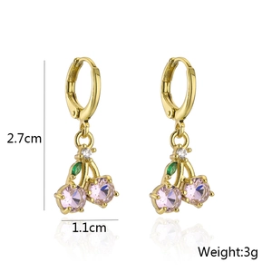 Detail shot of pink zircon cherry earrings with dimensions 2.7cm height and 3g weight