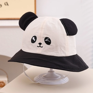 Detail of baby panda sun hat featuring 3D ears, embroidered face and chin strap