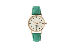 Elegante reloj de cuarzo para mujer con correa de cuero verde y caja redonda oro rosa.