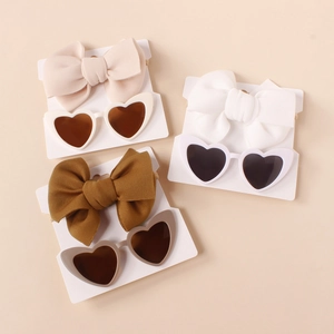 Baby bow nylon headband and heart sunglasses set in beige, white and olive green