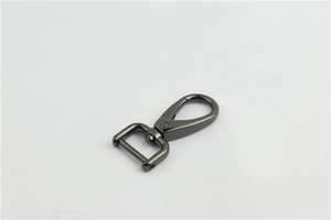 Close-up of swivel lobster clasp hardware in gunmetal finish with D-ring base