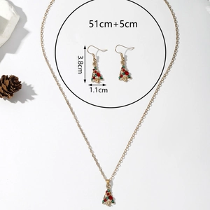 Parure de bijoux sapin de Noël dorée avec gemmes rouges et vertes, collier et boucles
