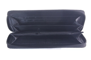 Detailed interior view of long black PU wallet showing multi-card slots and zip compartment