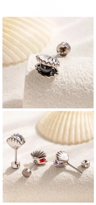 Detailed view of titanium steel shell earrings with pearl and gemstone screw-on back