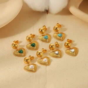 18K gold plated stainless steel heart earrings with colorful natural stones set on beige