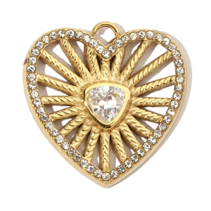 Macro detail of heart pendant with twisted texture and zircon inlay on white background