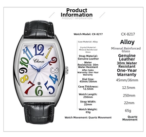 Specifiche dell'orologio al quarzo tonneau con cinturino in pelle e numeri colorati
