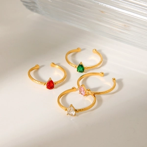 Set of four 18k gold plated open rings with colorful pear-shaped zirconia stones