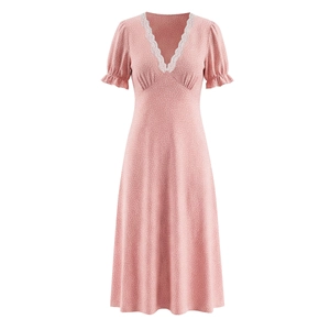 Polka Dot Midi Dress With Lace V Neck Short Puff Sleeve Rayon High Waist Retro Elegant French Style For Women