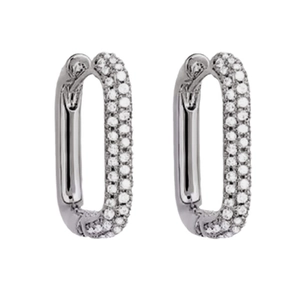 Silver geometric rectangular hoop earrings featuring sparkling pave-set zircons on white backdrop