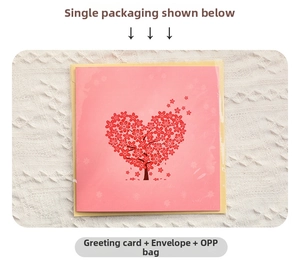 Detailed set of 3D Mother's Day pop up card with cherry blossom heart, envelope and polybag