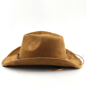 Detailed close-up of brown suede fedora featuring curved brim and thin leather band decor