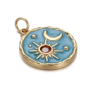 Golden sun and moon pendant with red gemstone and blue enamel for DIY jewelry making