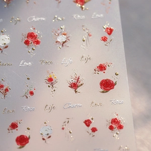 3D embossed floral nail art stickers with gold foil roses and elegant lettering