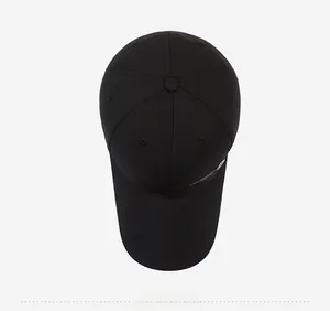 Top view of a black baseball cap with sport embroidery and a long brim detail