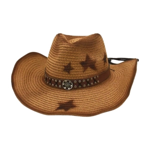 Deep brown hand-woven straw western cowboy hat with studded leather band and star motifs